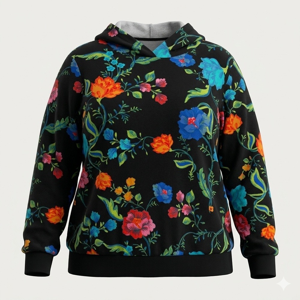 Jason Wu Womens Black Floral Colorful Hoodie Sweatshirt 1X Lightweight Boho